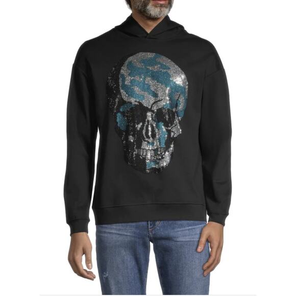 NEW Rhinestone-Embellished Black Skull Men's Hoodie - 2XL - Picture 1 of 2